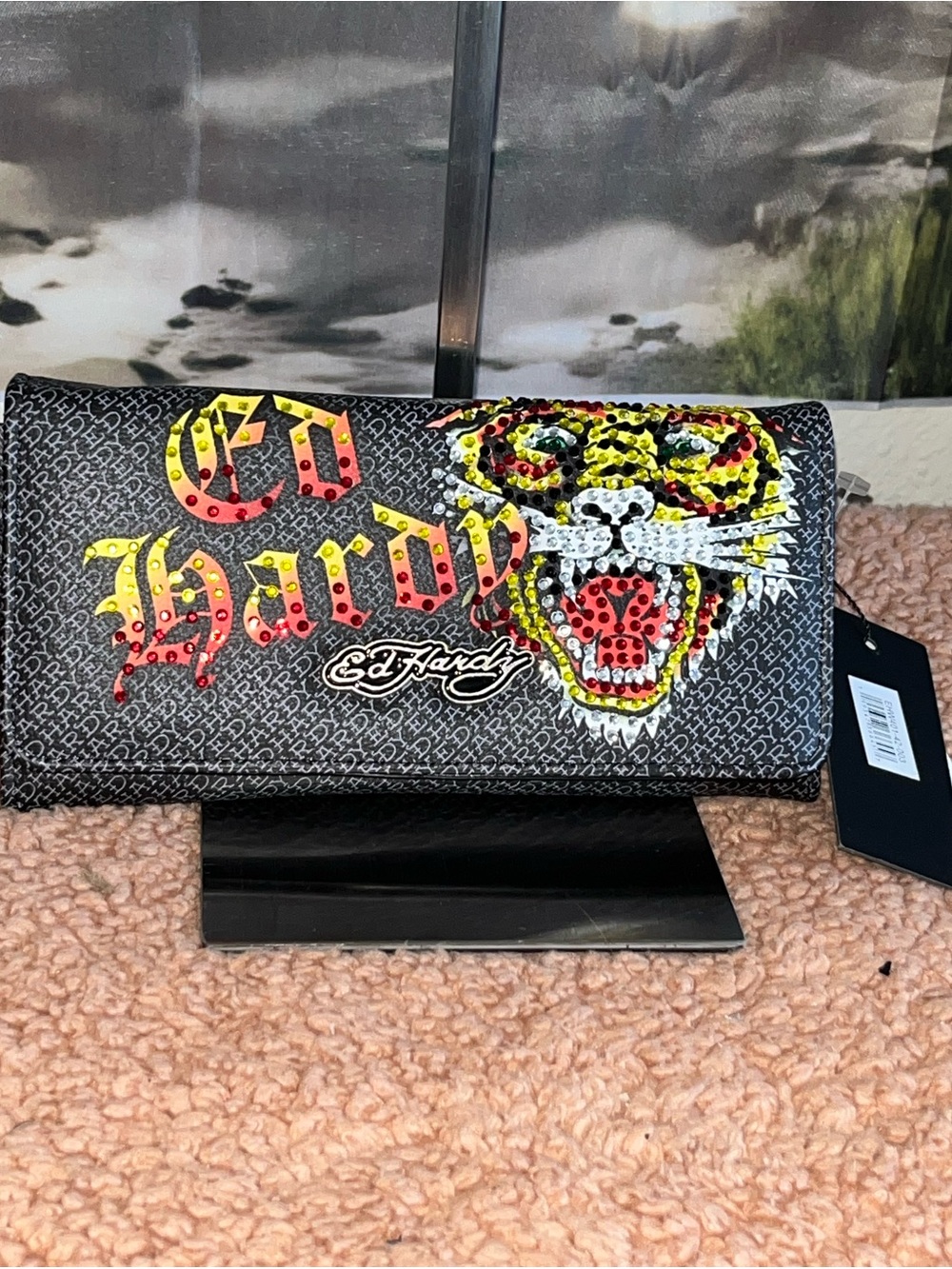 Ed Hardy Black Rhinestone Tiger Zip Clutch with Yellow and Red Accents